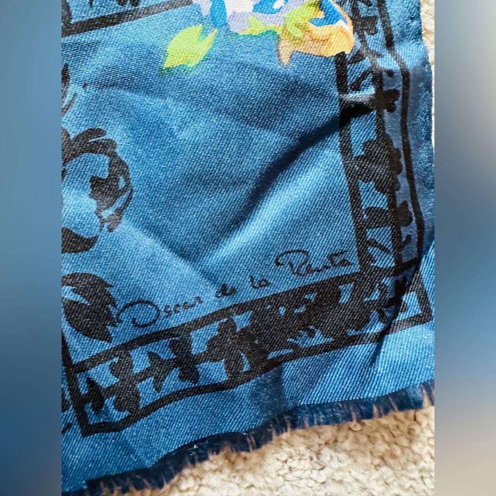 Vintage Oscar de la Renta silk scarf in blue, black w/floral design. 52x11".